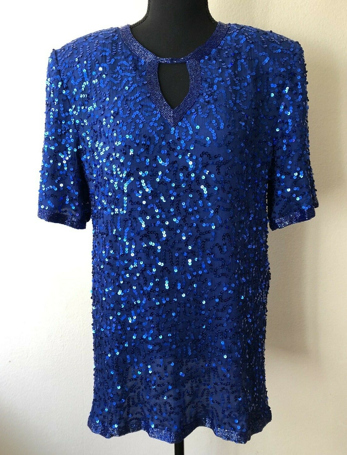 Vintage ’80s Joseph Le Bon Royal Blue Sequined & Beaded Tunic Top Cutout L/XL