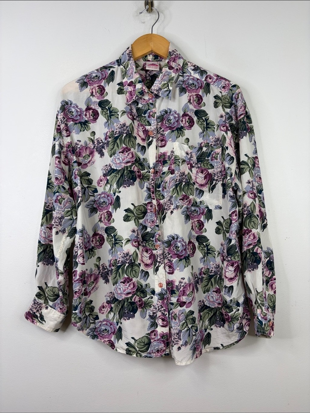 Vintage Silk Blouse Womens Large Gray Purple Green 90s Floral Long Sleeve Top