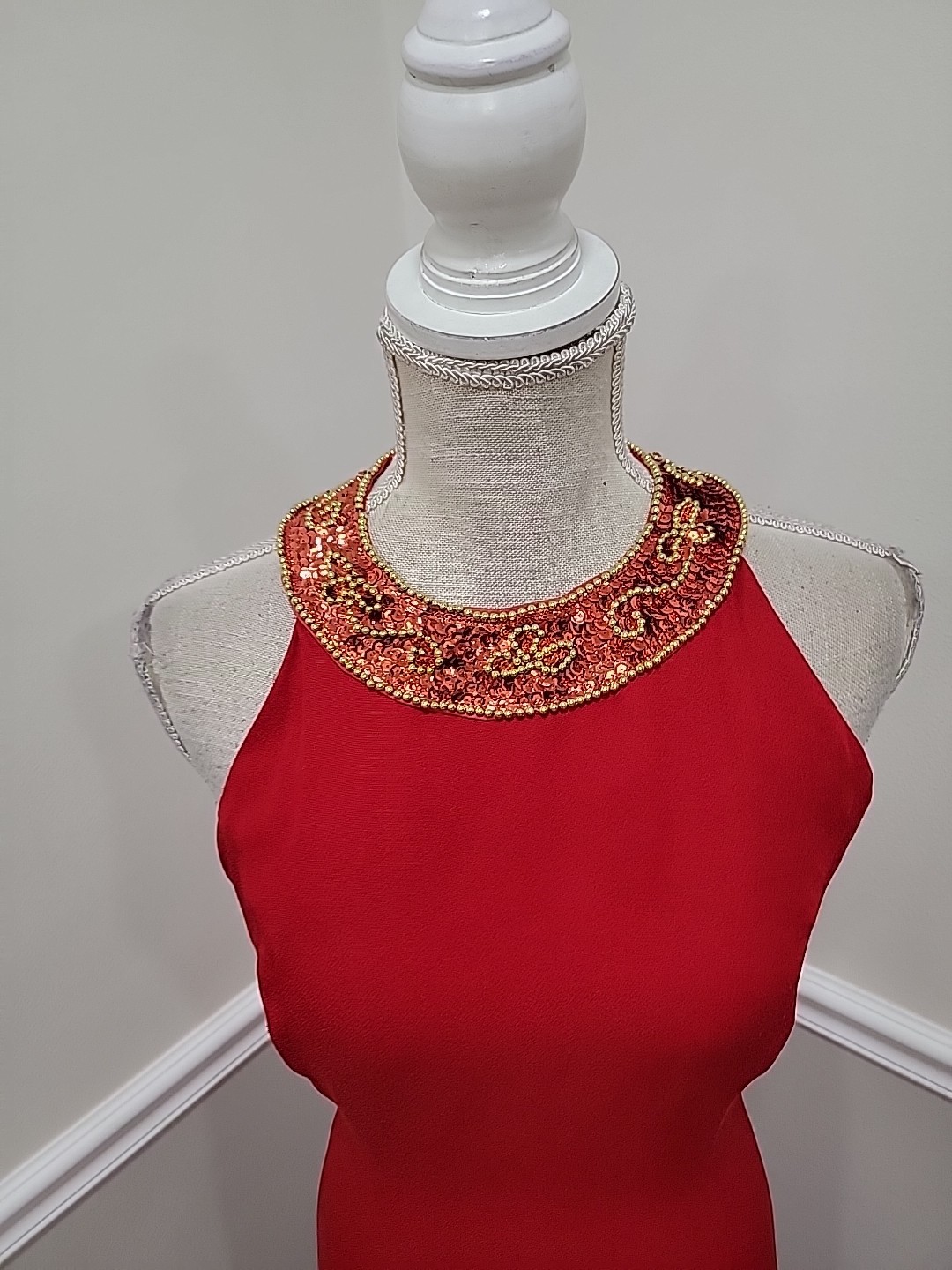 VTG 1980s Red Beaded Halter Evening Gown De Lara by Linda Bernell Maxi Dress