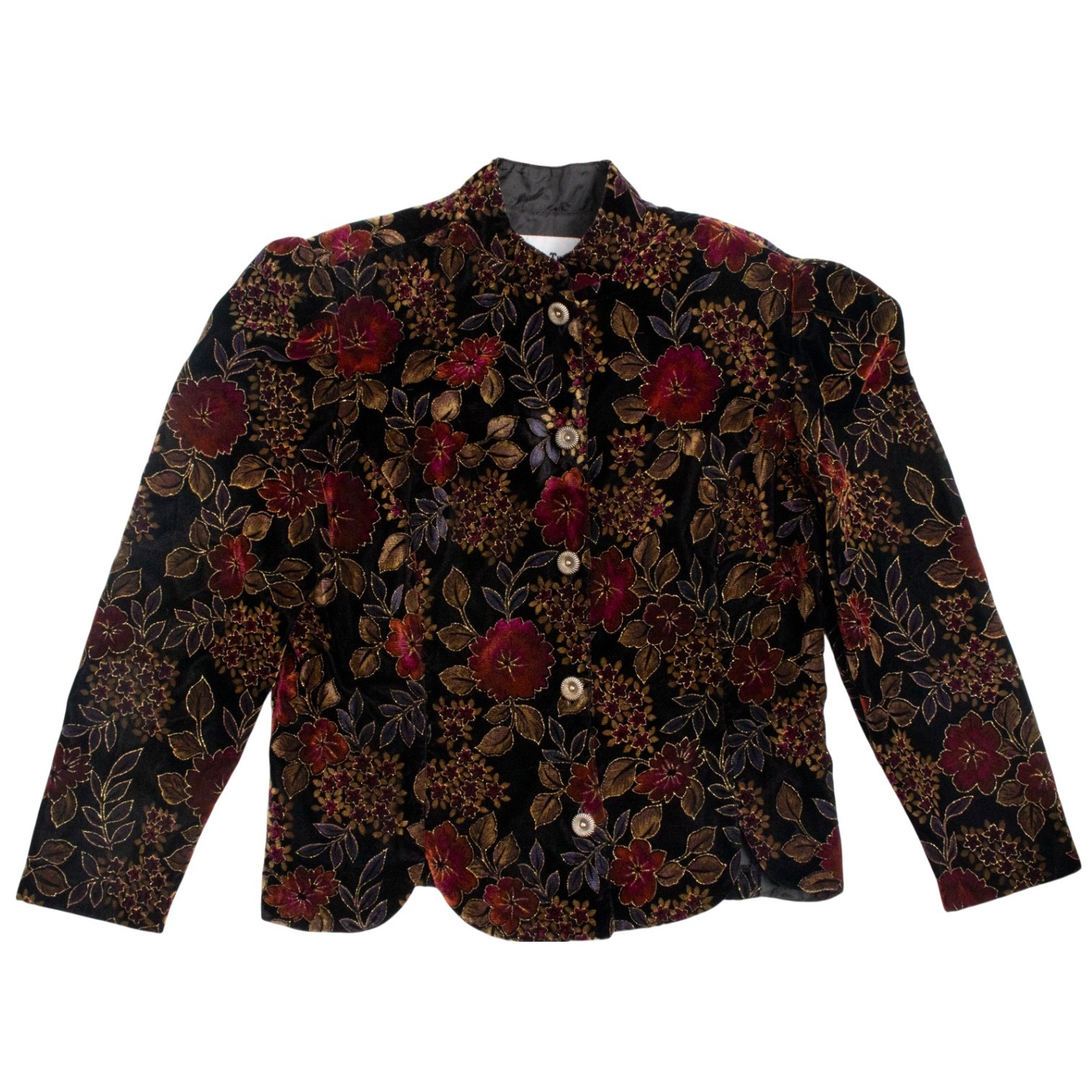Vintage 1990s Black Velvet Floral Blazer Jacket Gold Trim Witchcore Whimsigoth L