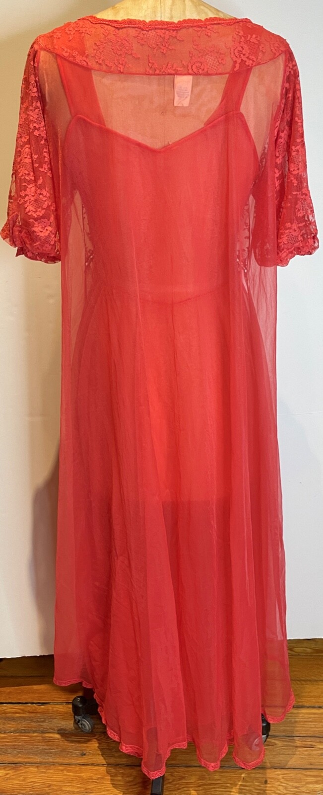 VTG RADCLIFFE RED SHEER CHIFFON&LACE FULL SWEEP PUFF NIGHTGOWN&PEIGNOIR SET*34 S
