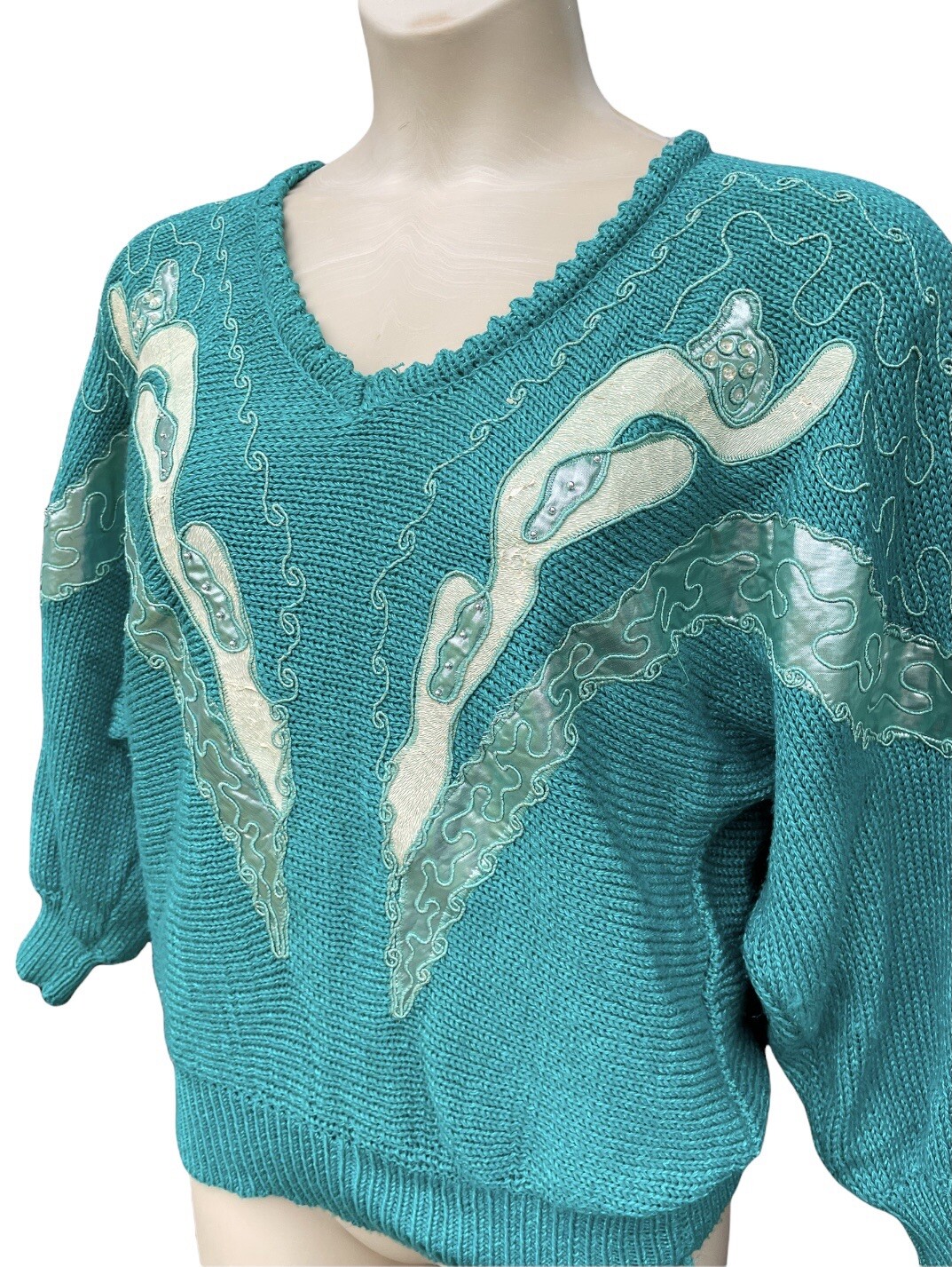 VTG 80s 90s Teal Metallic Embellished Gold Batwing Turtleneck Sweater Glam Retro