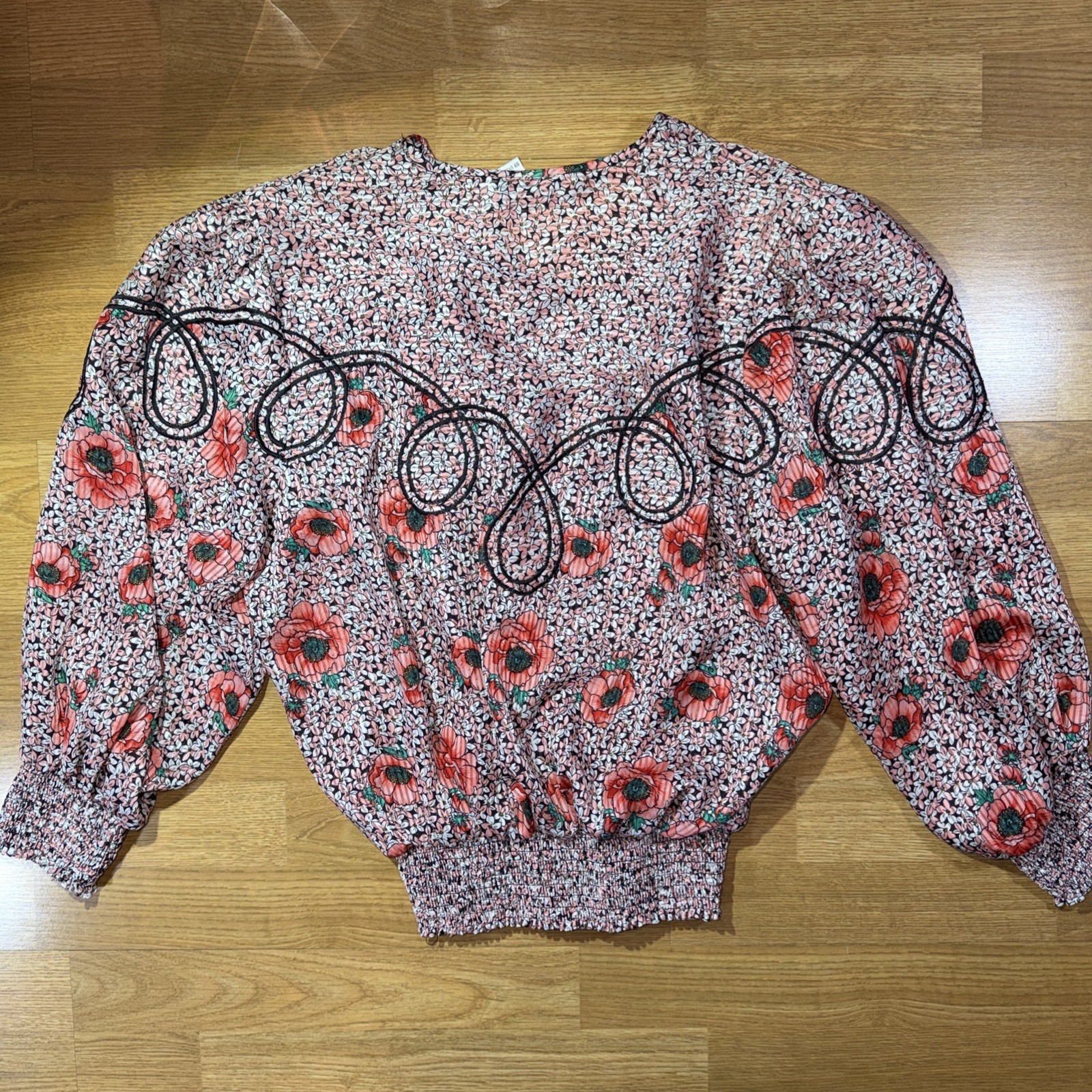 VTG M Pink Red Floral Regal Blouse Med Long Sleeve Smocked V Neck Western