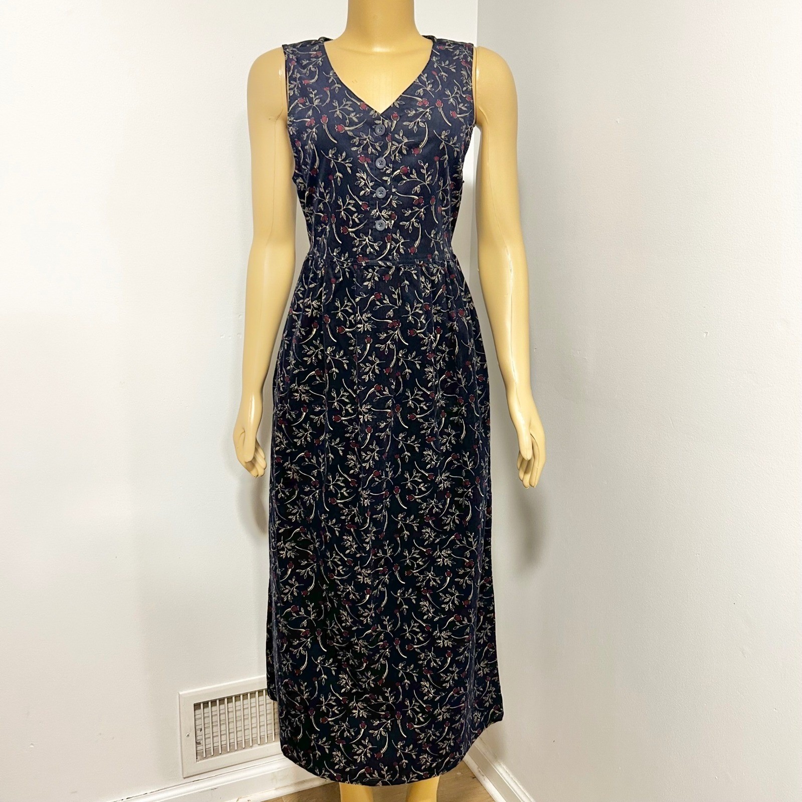 Bobbie Brooks 90s Y2K Vintage Navy Blue Floral Corduroy Dress Sleeveless Small