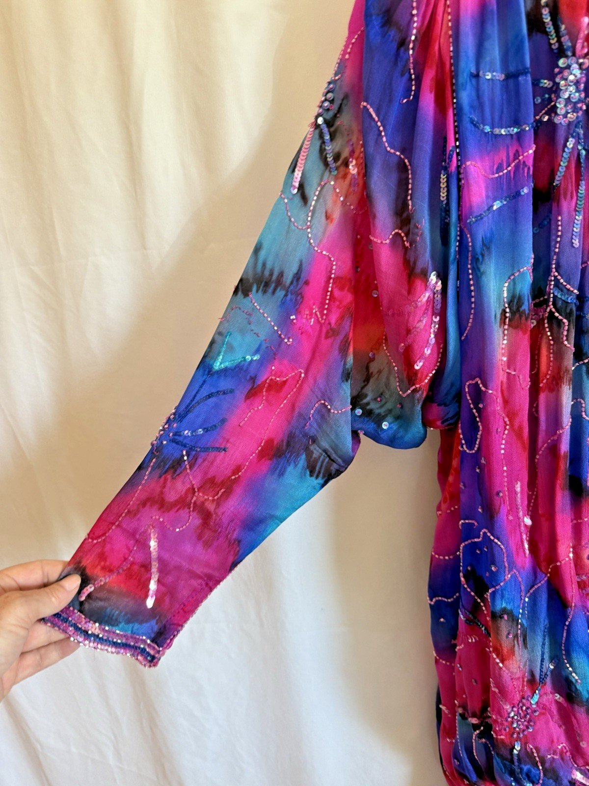 Vintage Judith Ann Creations Pink Purple Silk Beaded Dress – Size Large
