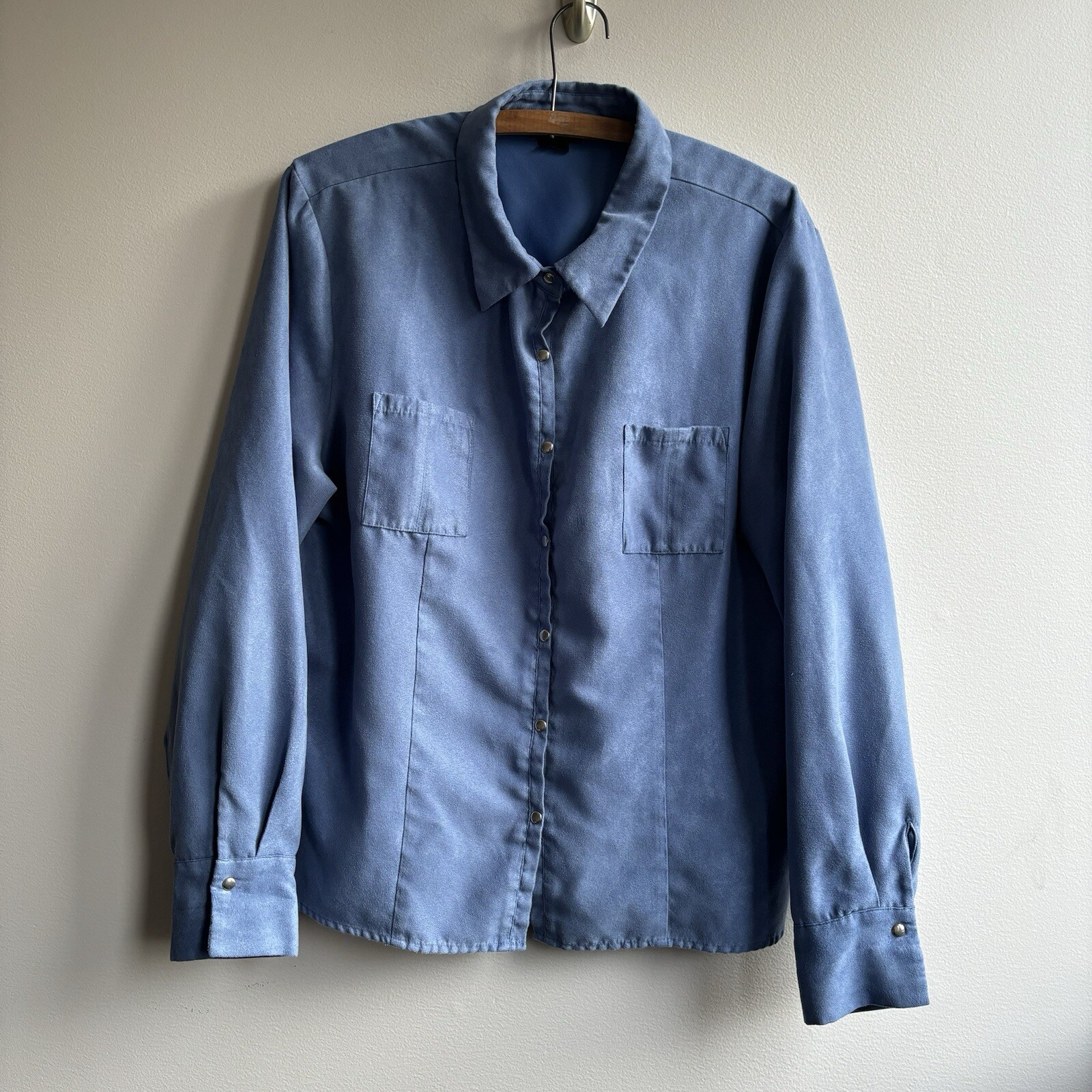 Vintage Womens Snap Button Shirt XL Blue Faux Suede 80s Retro Classic Western