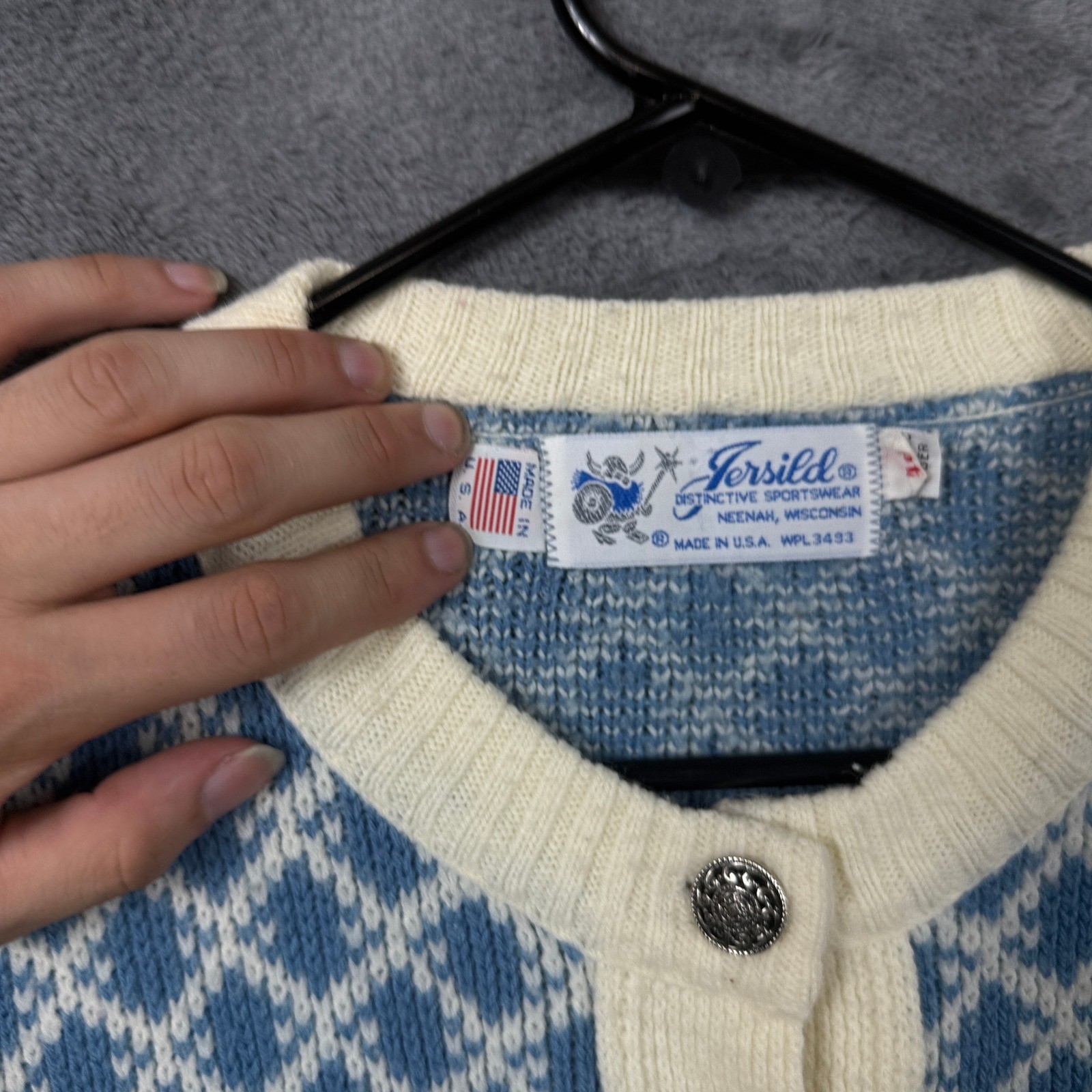 Jersild Cardigan Sweater Women 40 Blue Fair Isle Knit Vintage Made in USA Button