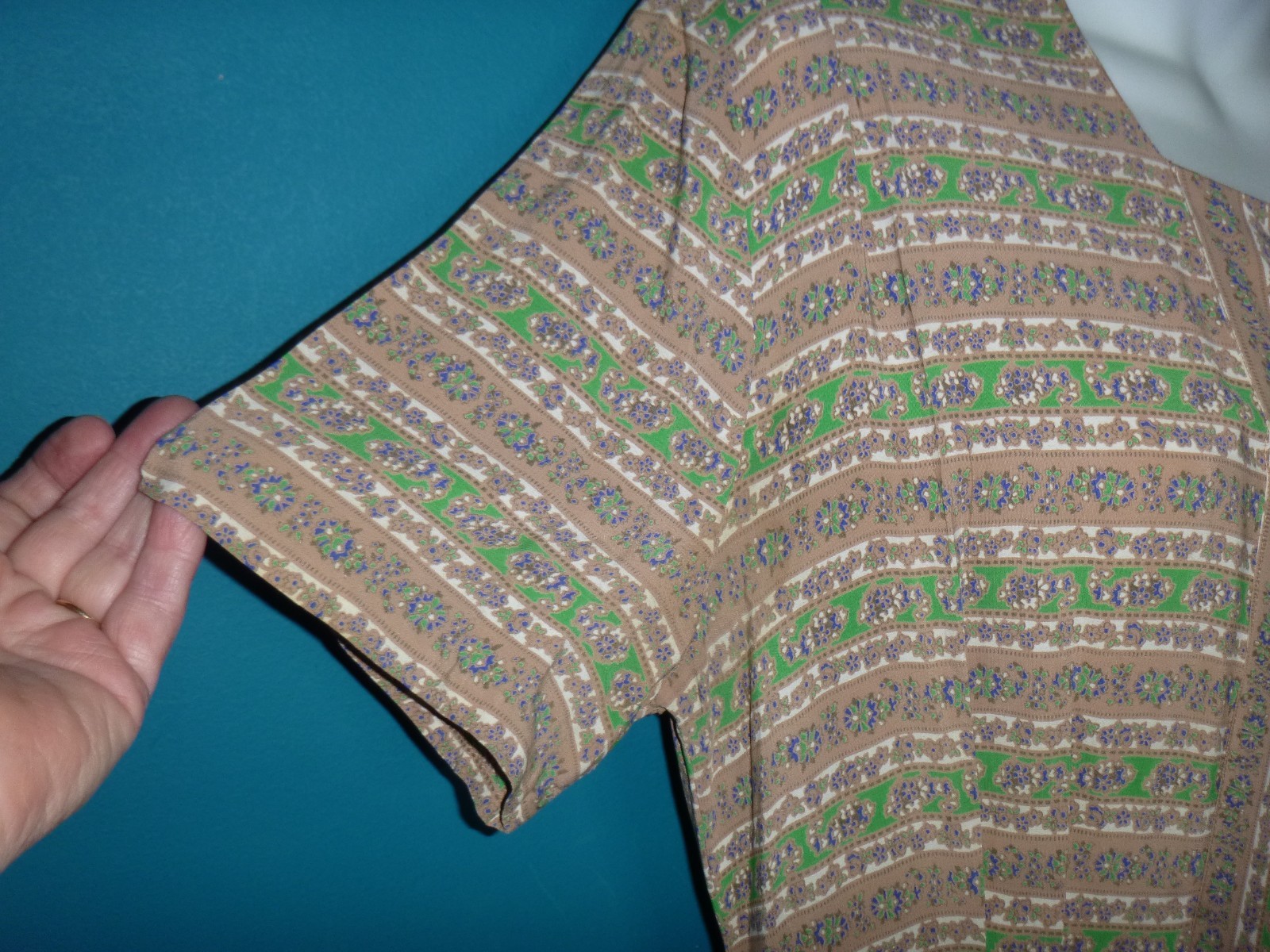 Vtg 40s 50s Rayon Dress Green Tan Blue Floral Stripes W/ Peplum VOLUP Sz XL