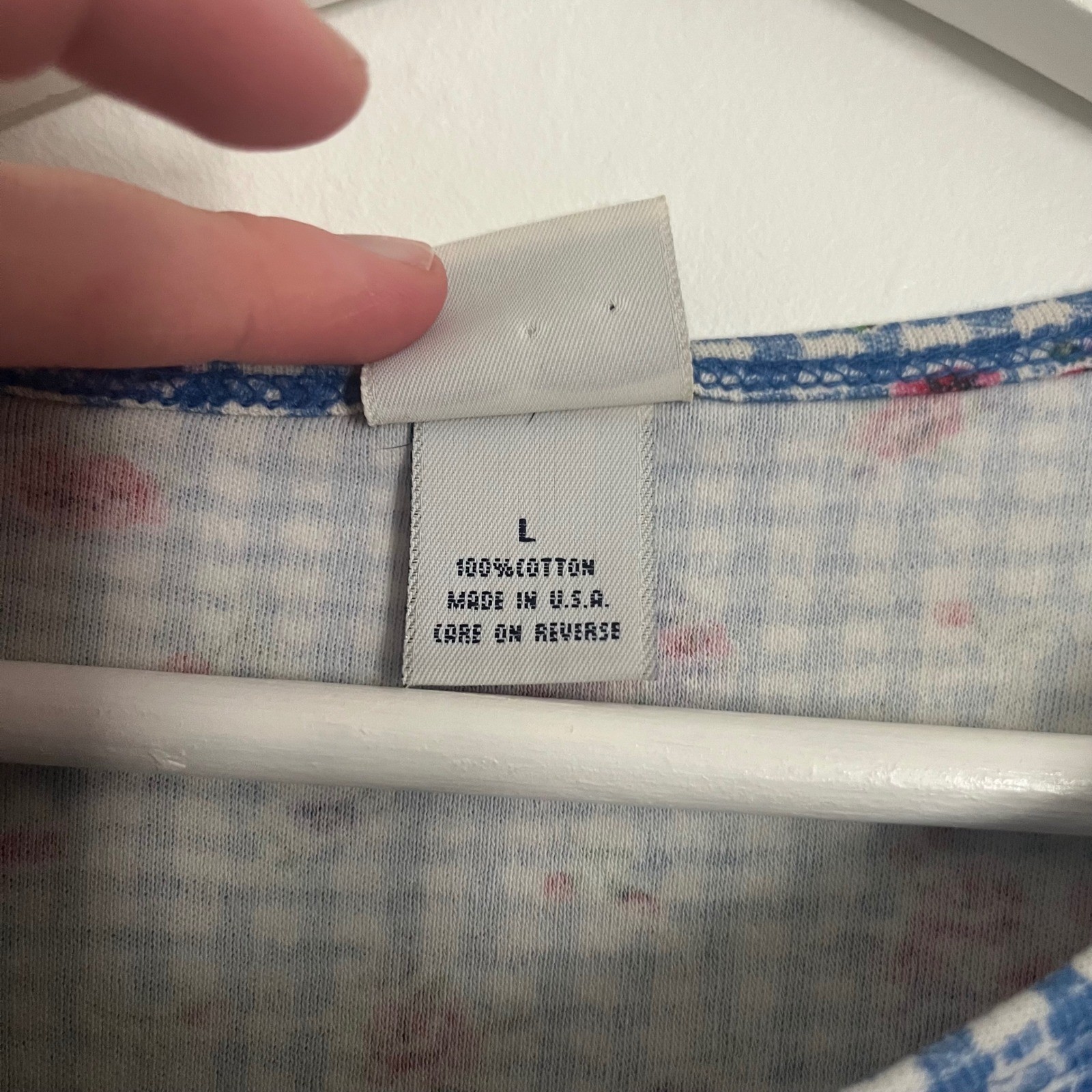 Vintage Cascade Blues Blue White Pink Floral Gingham 100% Cotton Shirt L