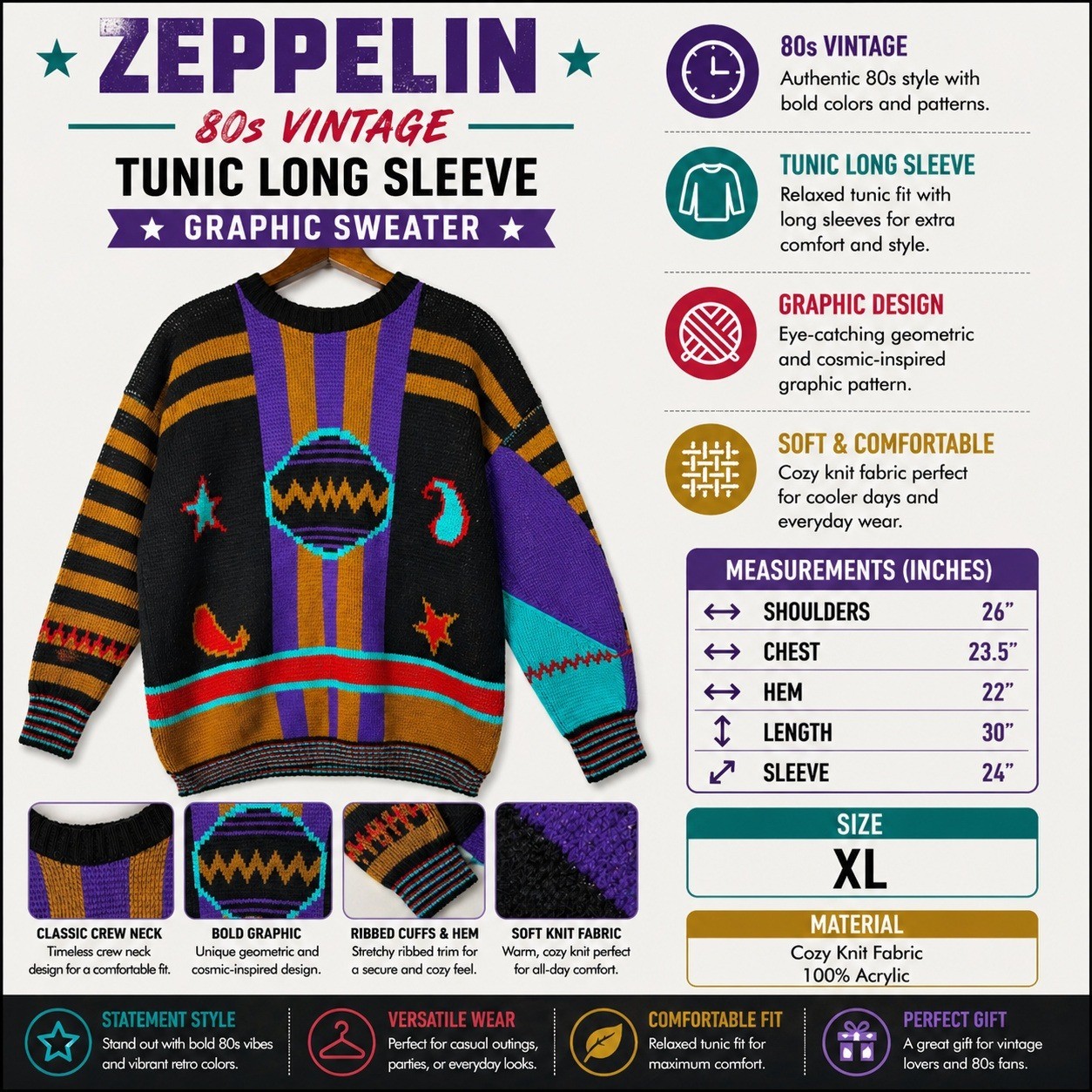 Zeppelin Vintage 90s Abstract Geometric Womens Knit Sweater XL Black Multi