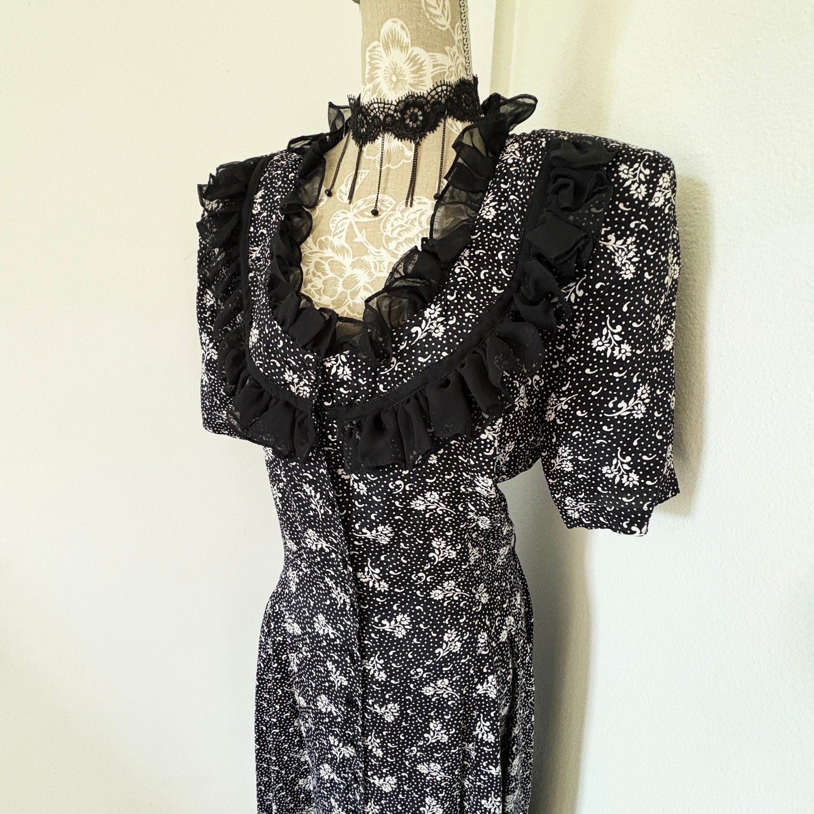 Vintage 90s Nostalgia Black Floral Print Prairie Dress, Rayon, Size M 11/12