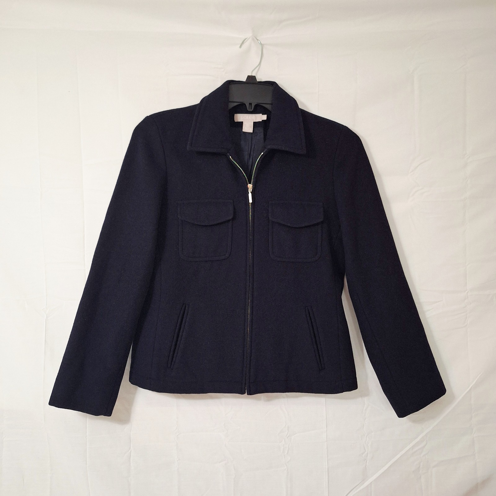 Vintage J. Crew Wool Blend Full Zip Jacket Blue Black Coat Womens Petite Small