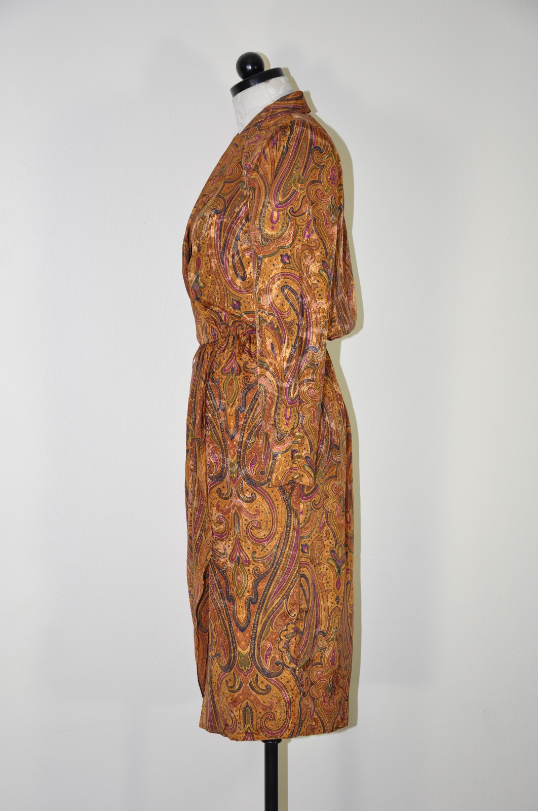 80s Vintage Spice Brown Silky Charmeuse Paisley Strong Shoulder Dress Women S M