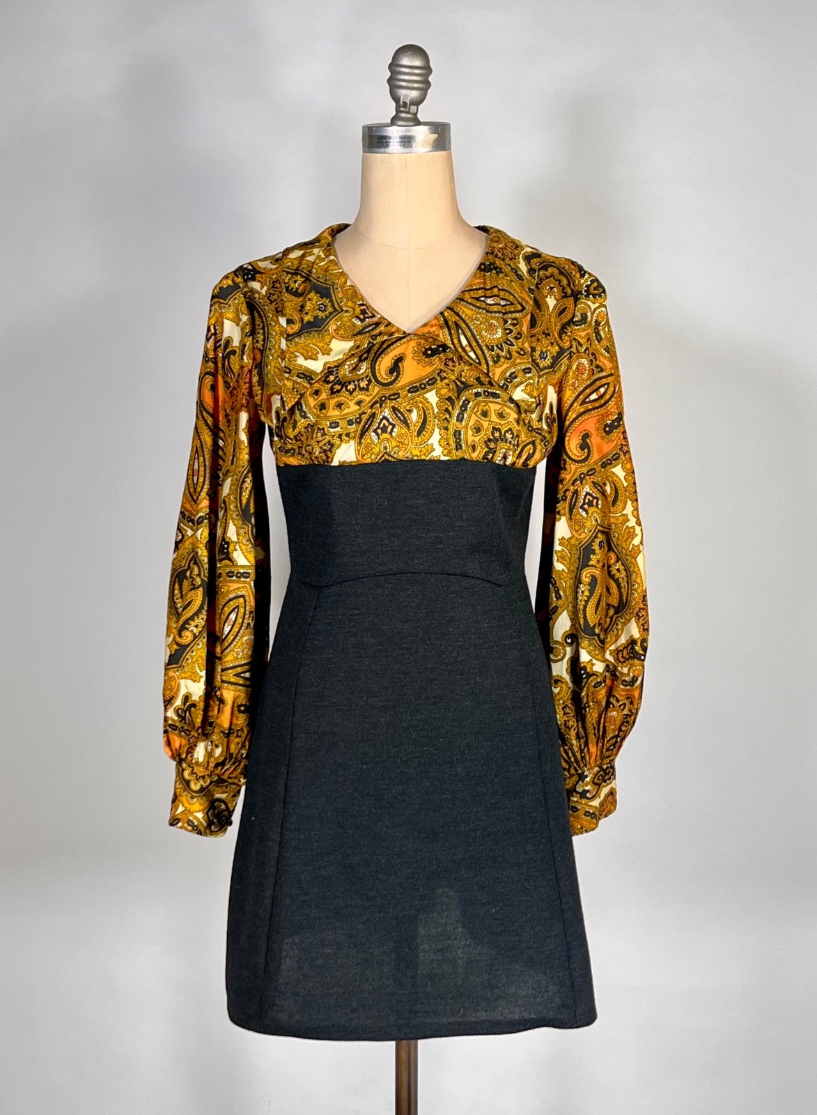 Vintage 1960’s-1970’s Kelly Arden (petite) grey, paisley dress & vest 2-pc. set