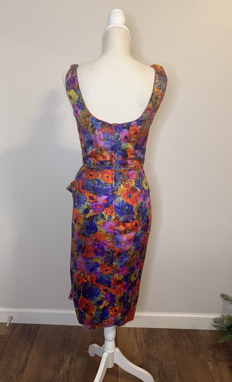 Gorgeous 1950s VTG Satin Floral Sarong Dress Designer Mr. Blackwell Sz XS/S
