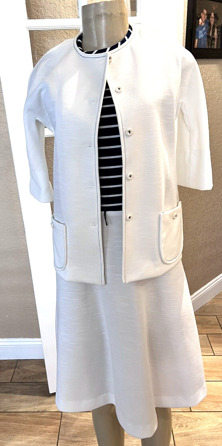 VTG 1960s Judy Wayne Dress & Bolero White Blue Striped Sz 8 xzz