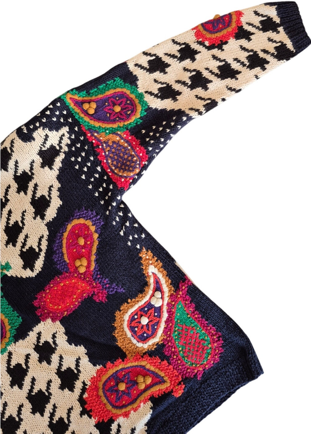 VTG 80s Knitting Needles Houndstooth Paisley Intarsia Sweater S/M Ramie Cotton
