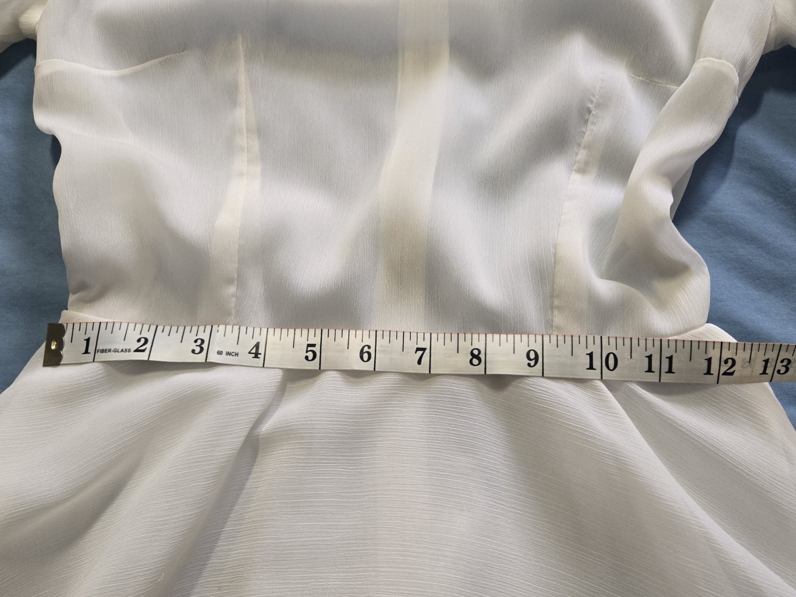 Vintage Simple White Puff Sleeve Circle Skirt Dress with Blue Ribbon Handmade