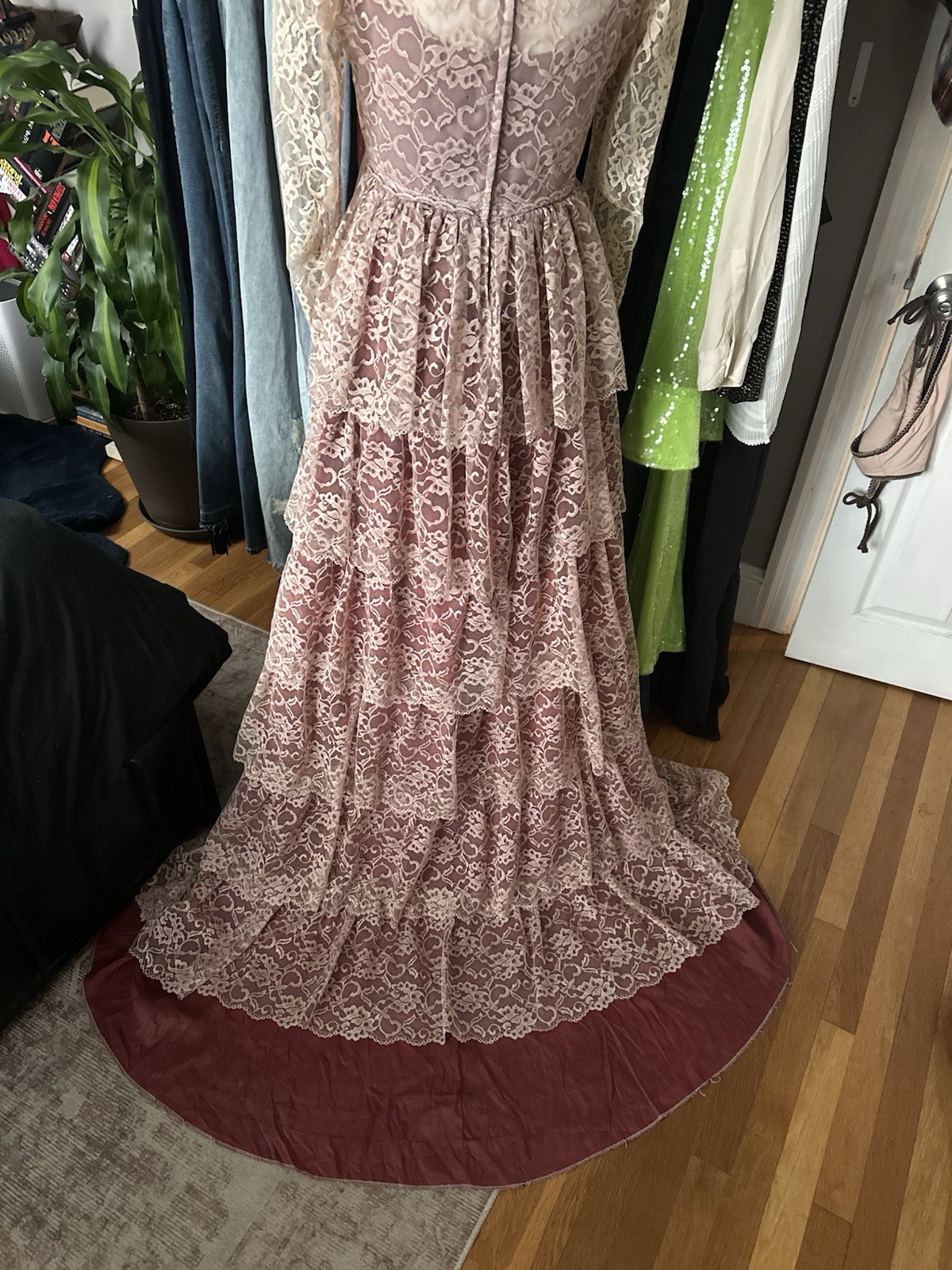Vintage Union Tag Lace Gown With Beaded Details And Bustled Train