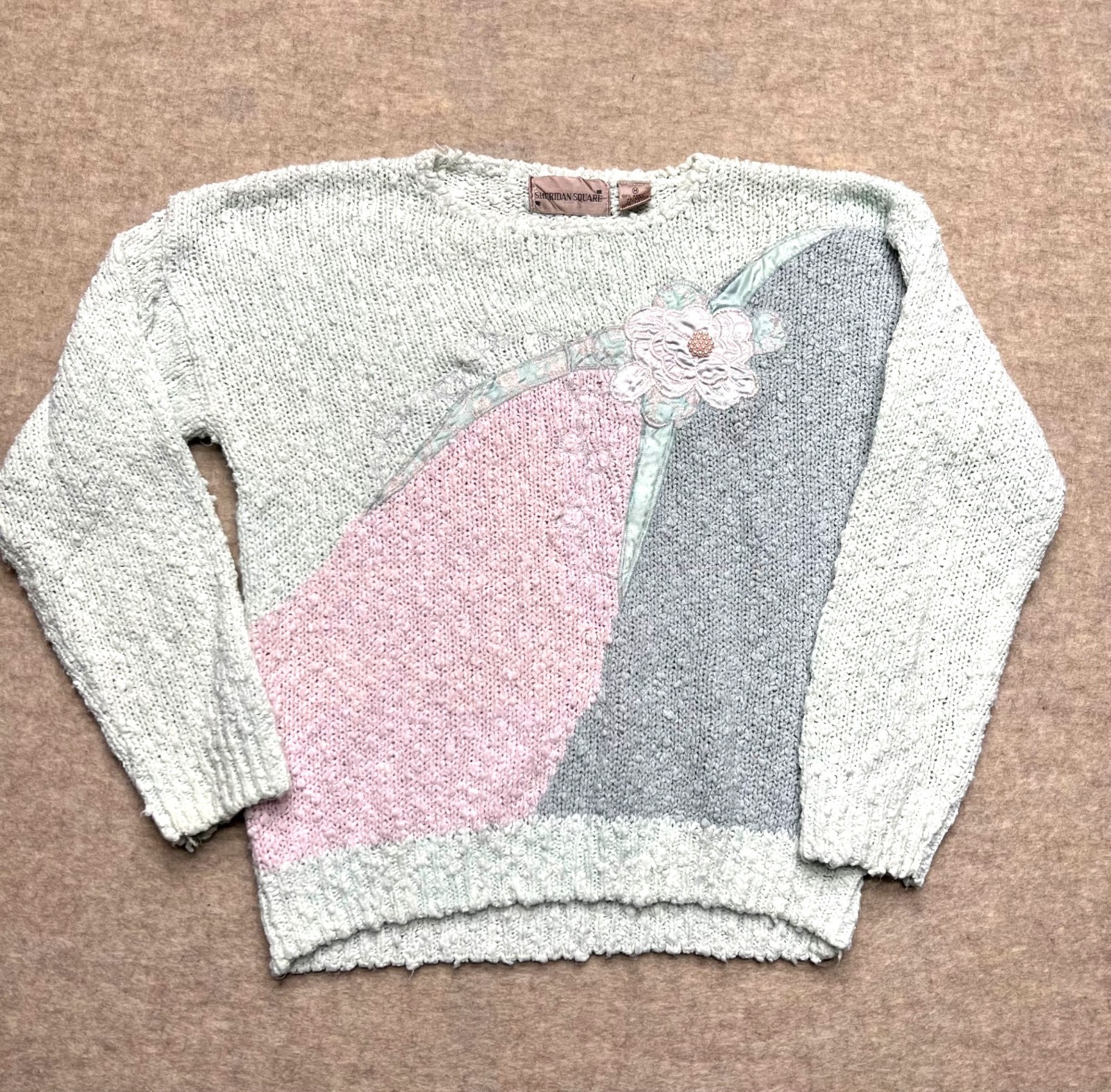 Vintage Sweater Pastel Floral Applique Embroidery Beads 80s Blue Pink Med