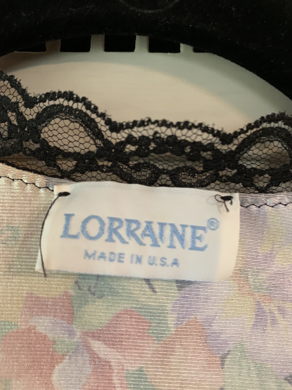 Lorraine Large Black Floral Robe Tie Glossy Satin Lace Trim Flower USA Sleepwear