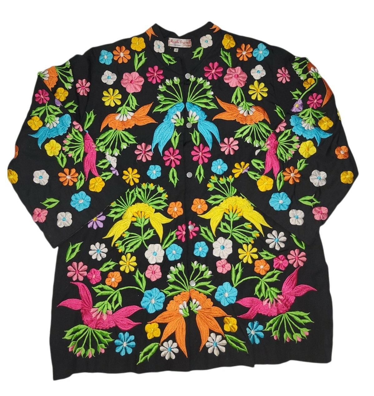 Vintage Colorful Heavy Embroidered Floral Button Blouse Top Jacket Art to Wear M