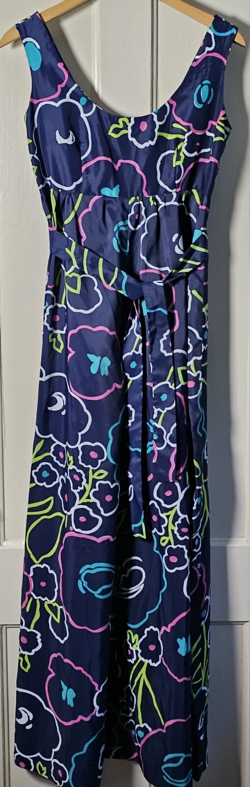 VTG 70’s Dress Handmade Women 34″-Chest Blue Pink Green Floral Hawaiian Maxi