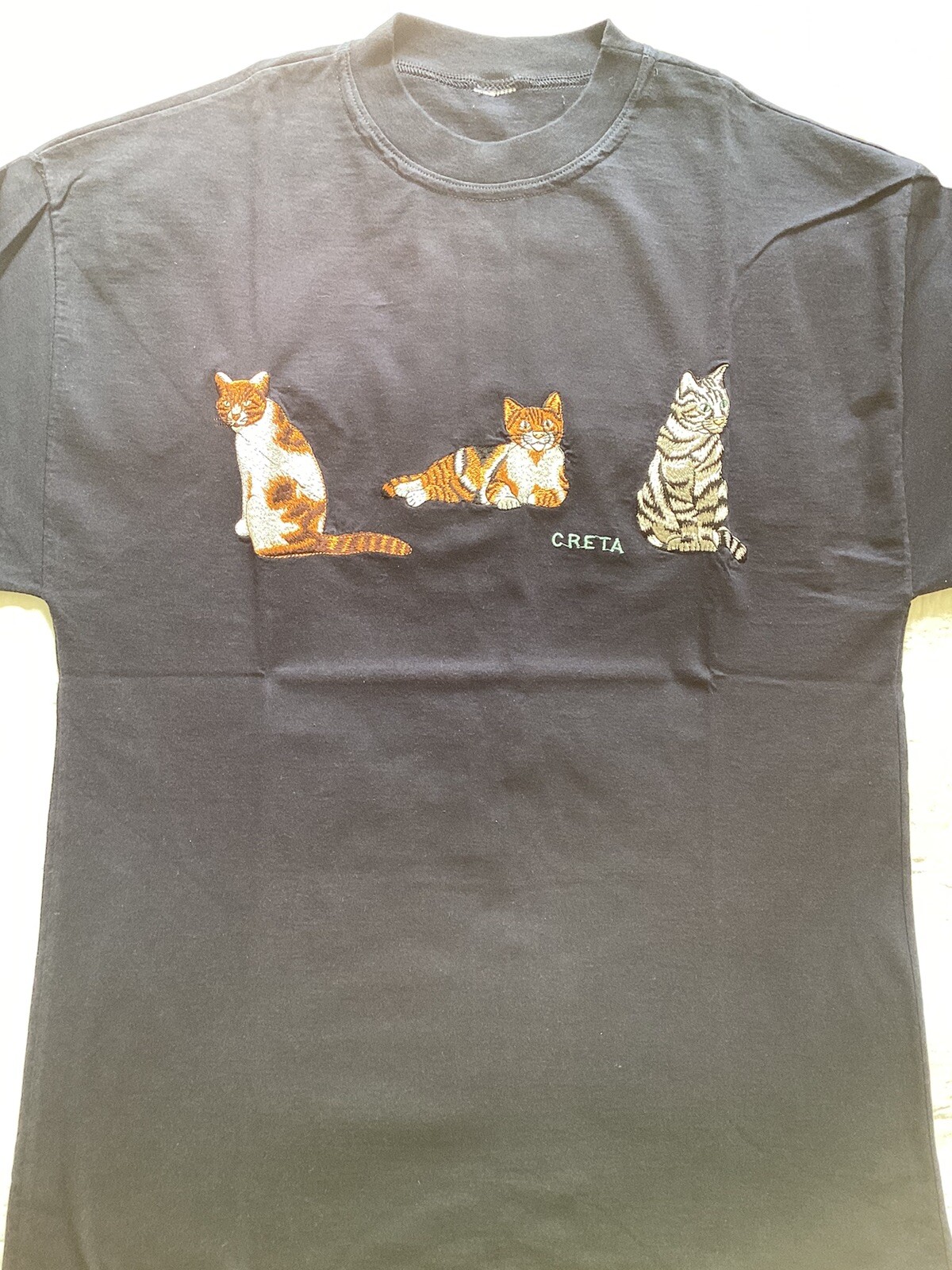 Womens Cats T Shirt Embroidered Creta Crete Greece SZ ? Dark Blue Vintage