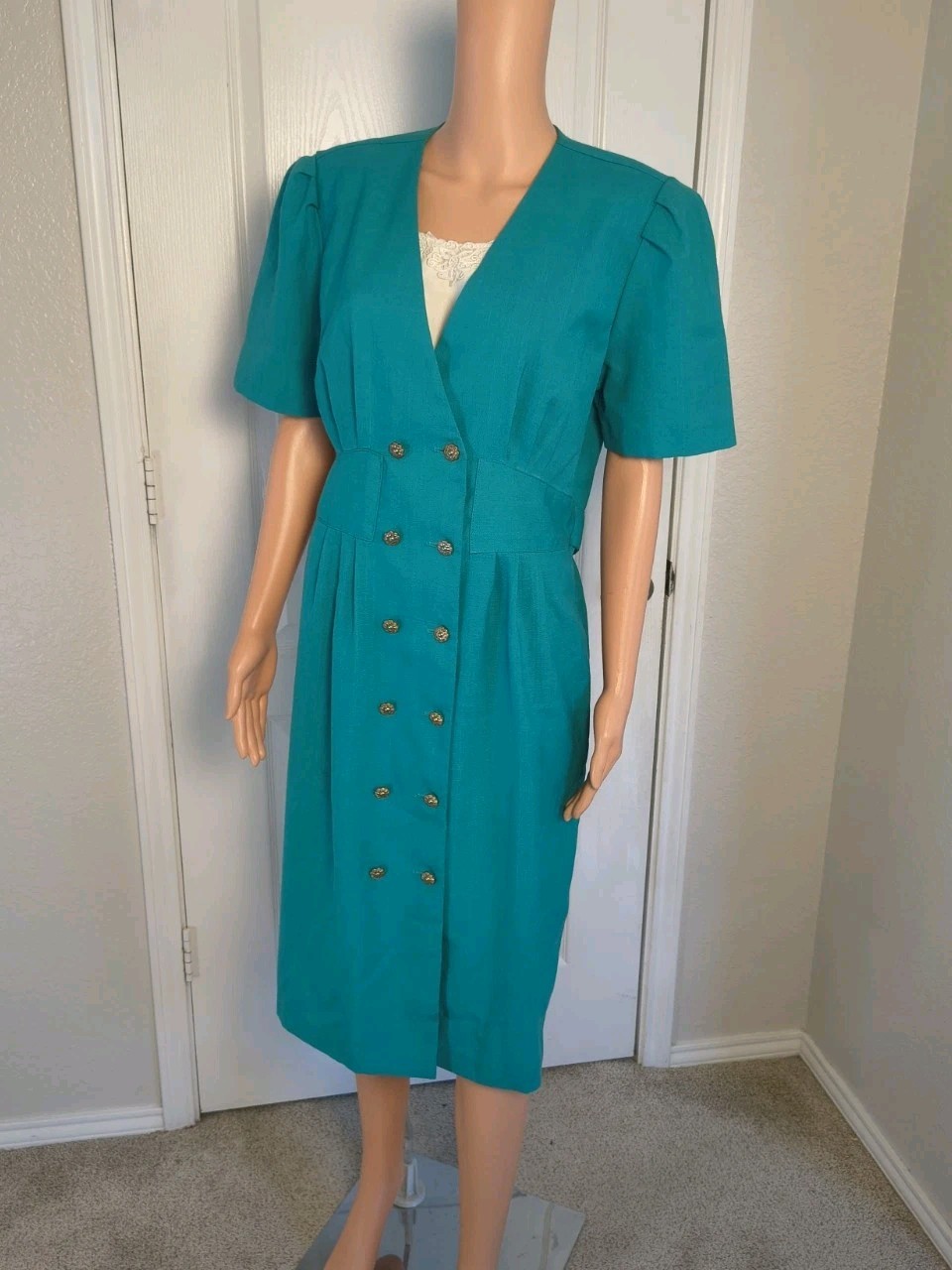 Vintage 90s Pleated Pencil Dress Teal Size 16 Midlength Preppy Stretch Waist P41