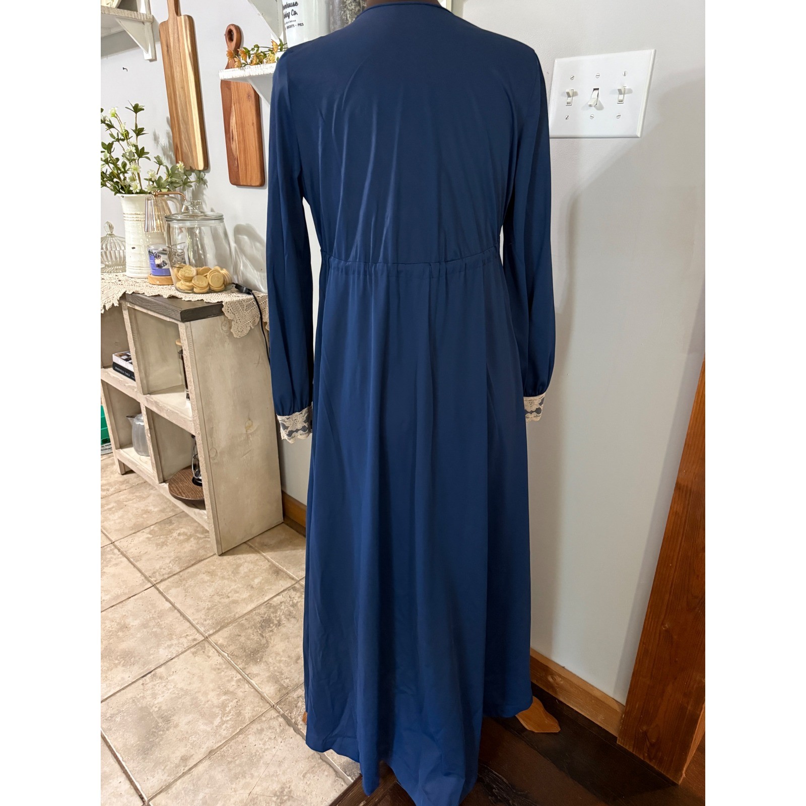 Vintage Navy Satin Lace Trim Maxi Robe Empire Waist Long Sleeve Lingerie Gown