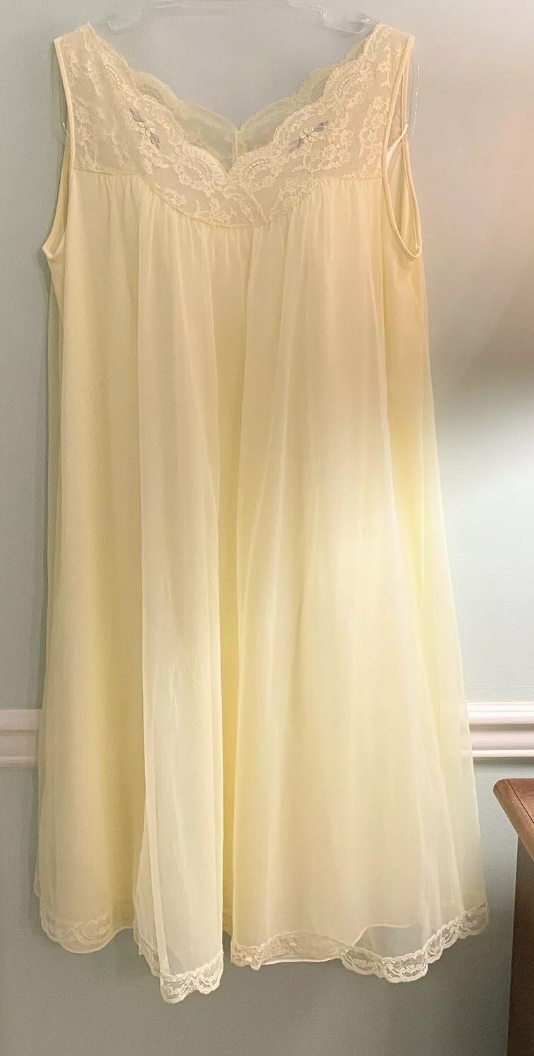 60s Shadowline Nightgown Robe Peignoir 2 Pc Long Sheer Chiffon Nylon Lace Sz Med