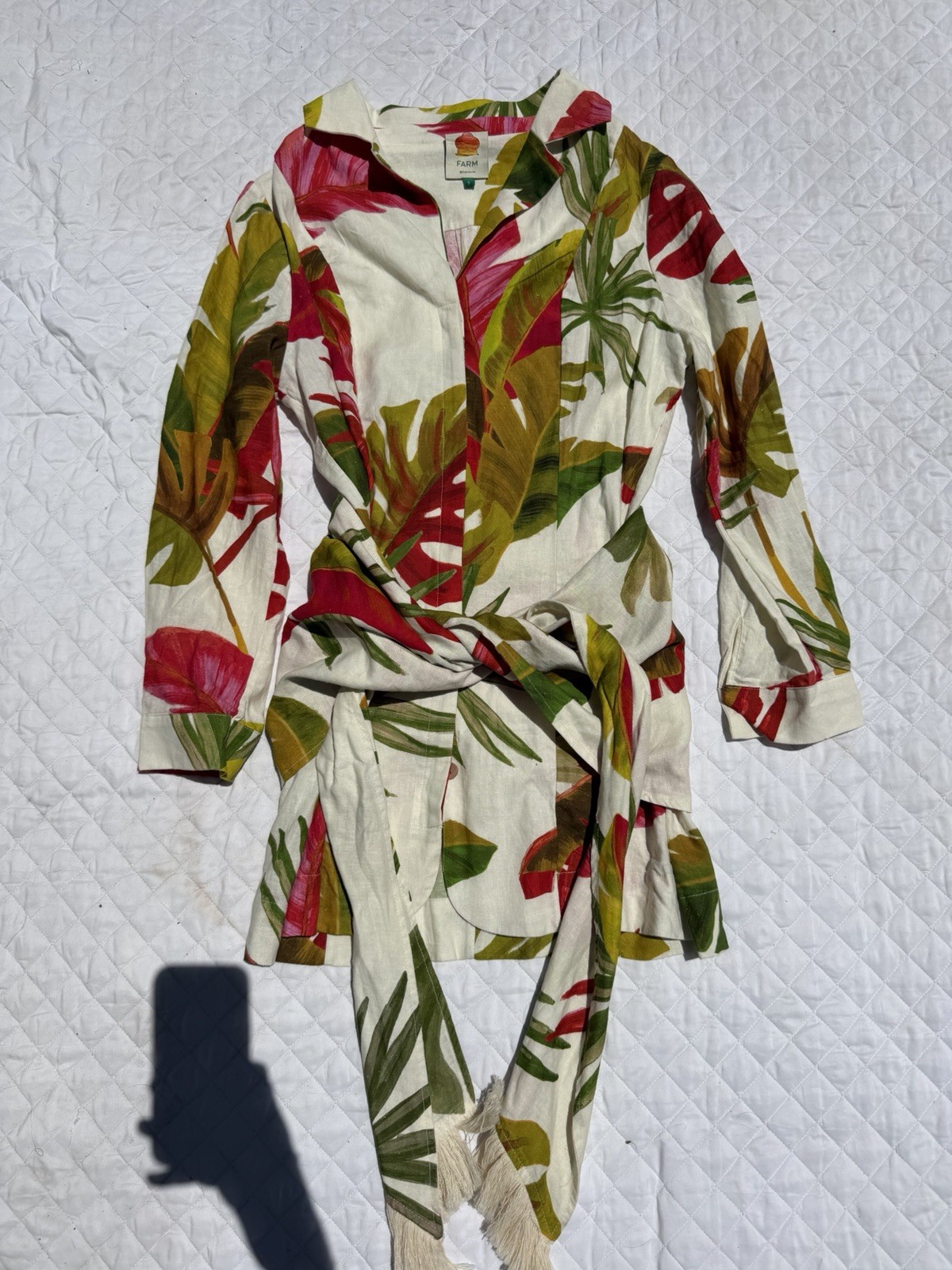 Farm Rio Spring Forest Fil Coupé Mini Dress white Size Large Linen Blend Floral