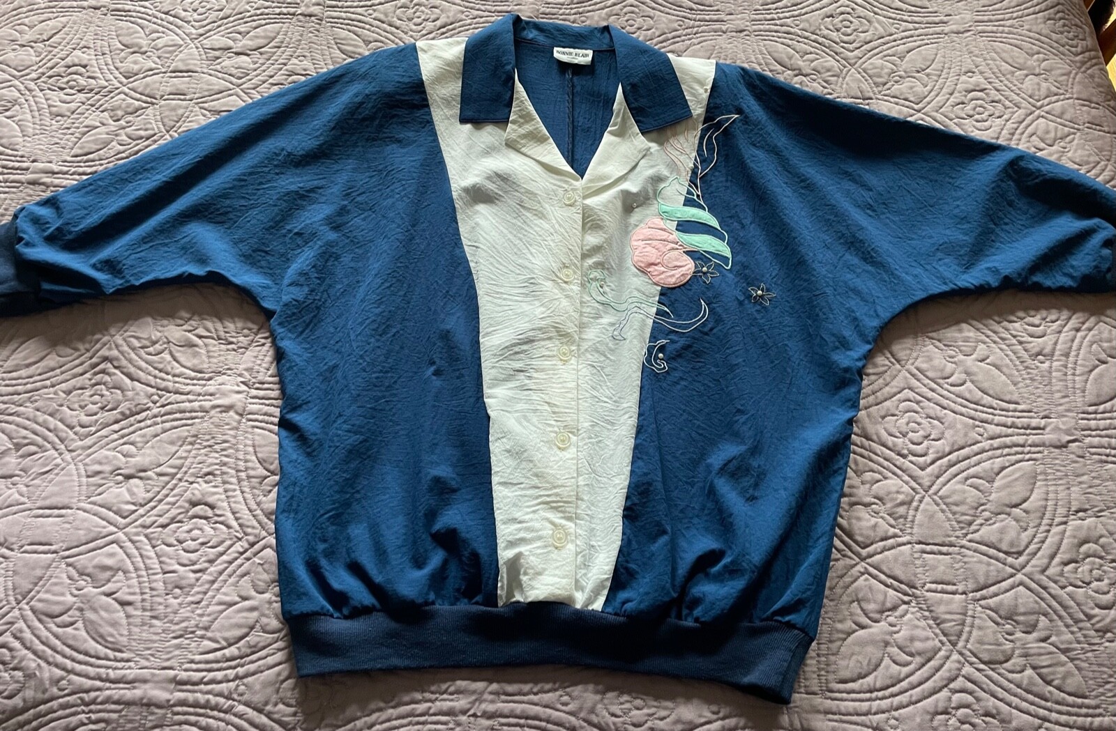 1980’s Bonnie Blair L/XL Women Top Blue Retro Sea Shell Gramma VTG Nautical EUC
