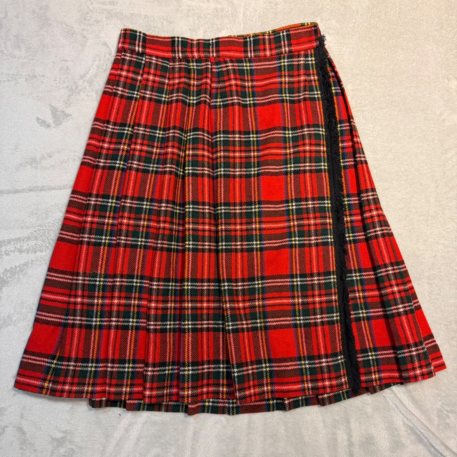 Vintage Red Tartan Plaid Pleated Midi Kilt Skirt Fringe Trim Academic 29 Waist