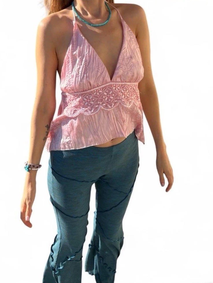 Vintage silky satin Delicate baby Pink halter top w/ lace detailing and sequins