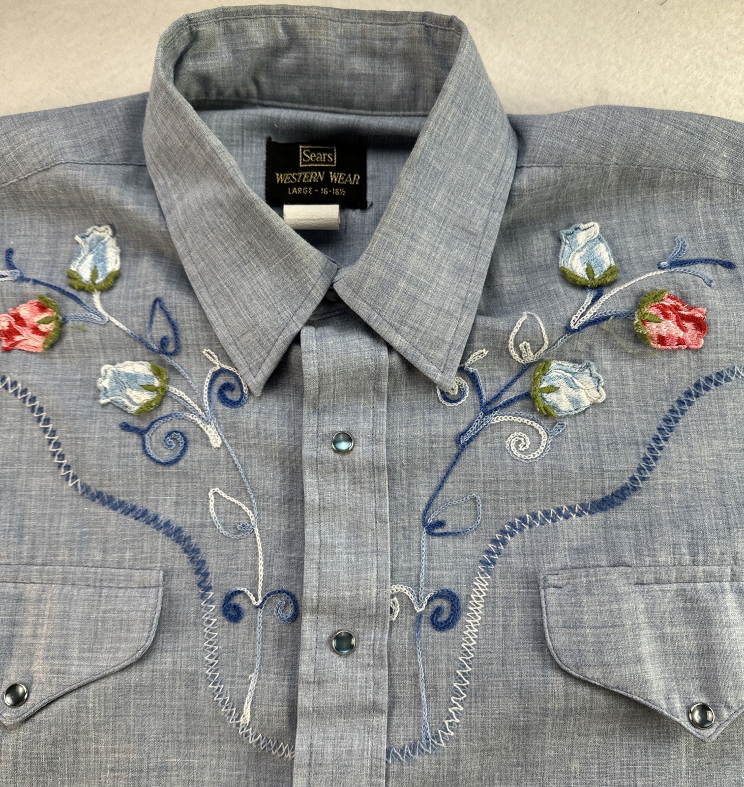 VTG 80s Sears Western Wear Pearl Snap Shirt Womens L Blue Floral Embroidered USA