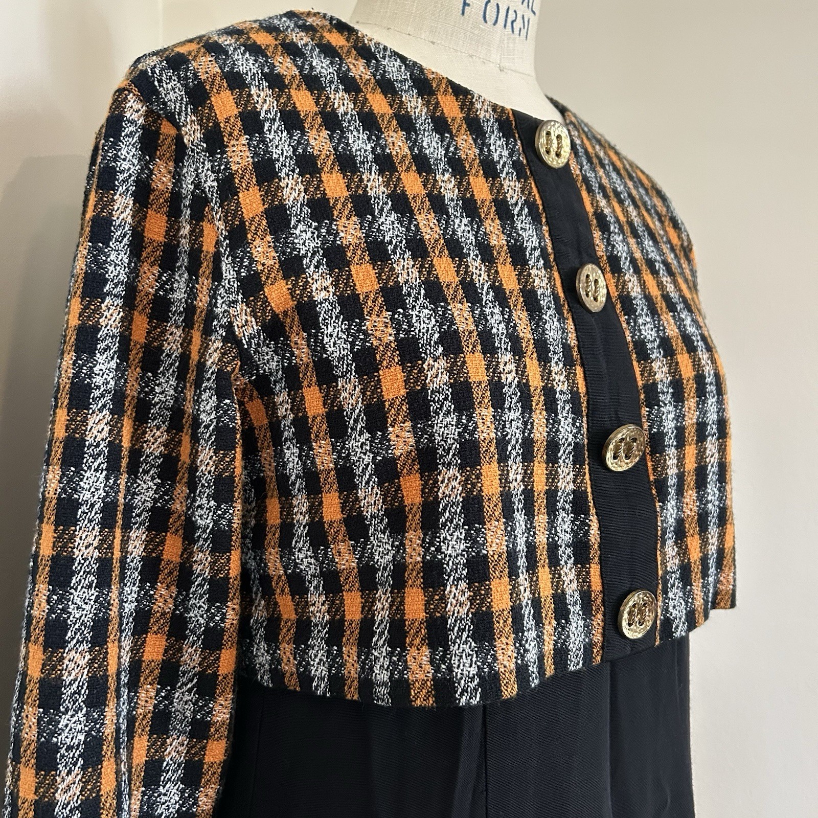 VTG 80s Plaid Dress Black Orange White Preppy Schoolgirl Office Fall USA Sz 10