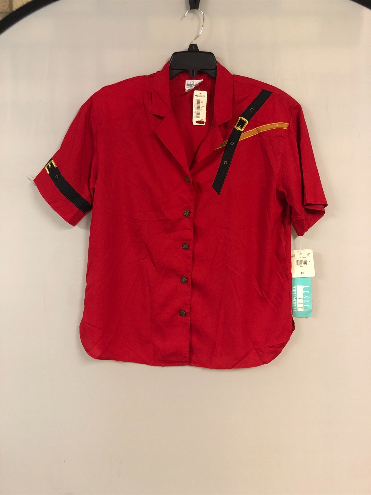 Vtg 80s Leslie Fay Blouse Size 12 „Captain of the Guard’ Button Down Top Red