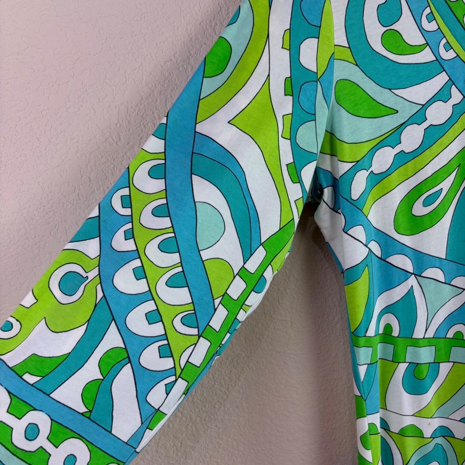 Barbara Gerwit Large Green Blue Geometric Tunic Dress V-Neck 3/4 Sleeve Mod