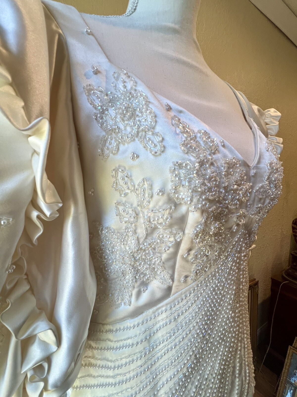 1980s Carlota Alfaro Handmade Beaded Wedding Dress Vintage Ivory Off White
