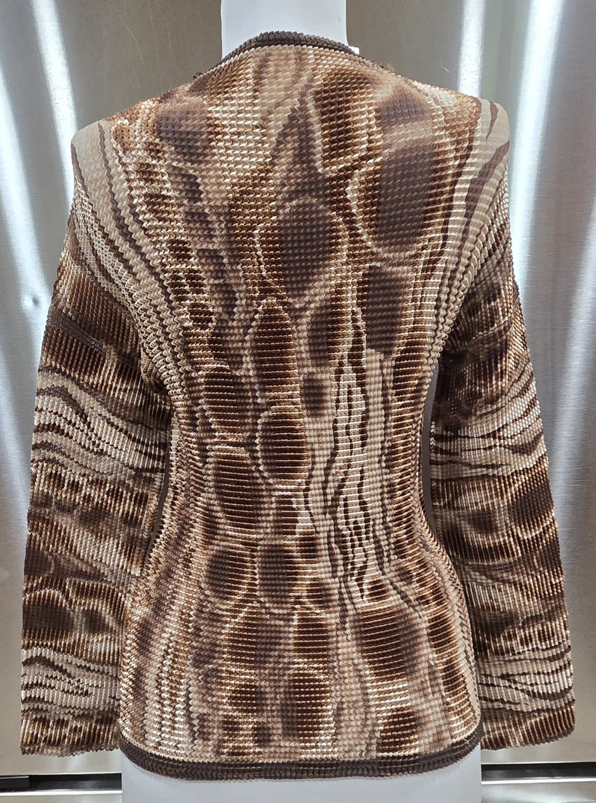 1990s Copper Sequined Earthtone Abstract Animal Print Crinkle Pleated Top S-XL