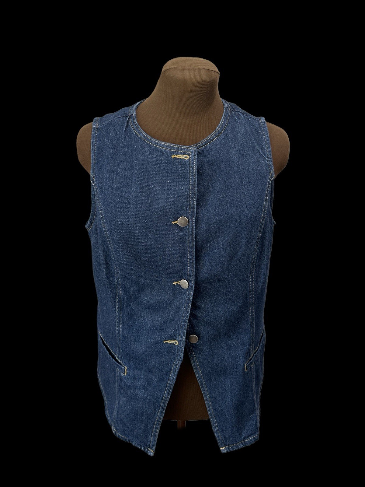 Scoop Women’s Dark Denim Sleeveless Vest, Orange Stitching, Button Down Sz. LG