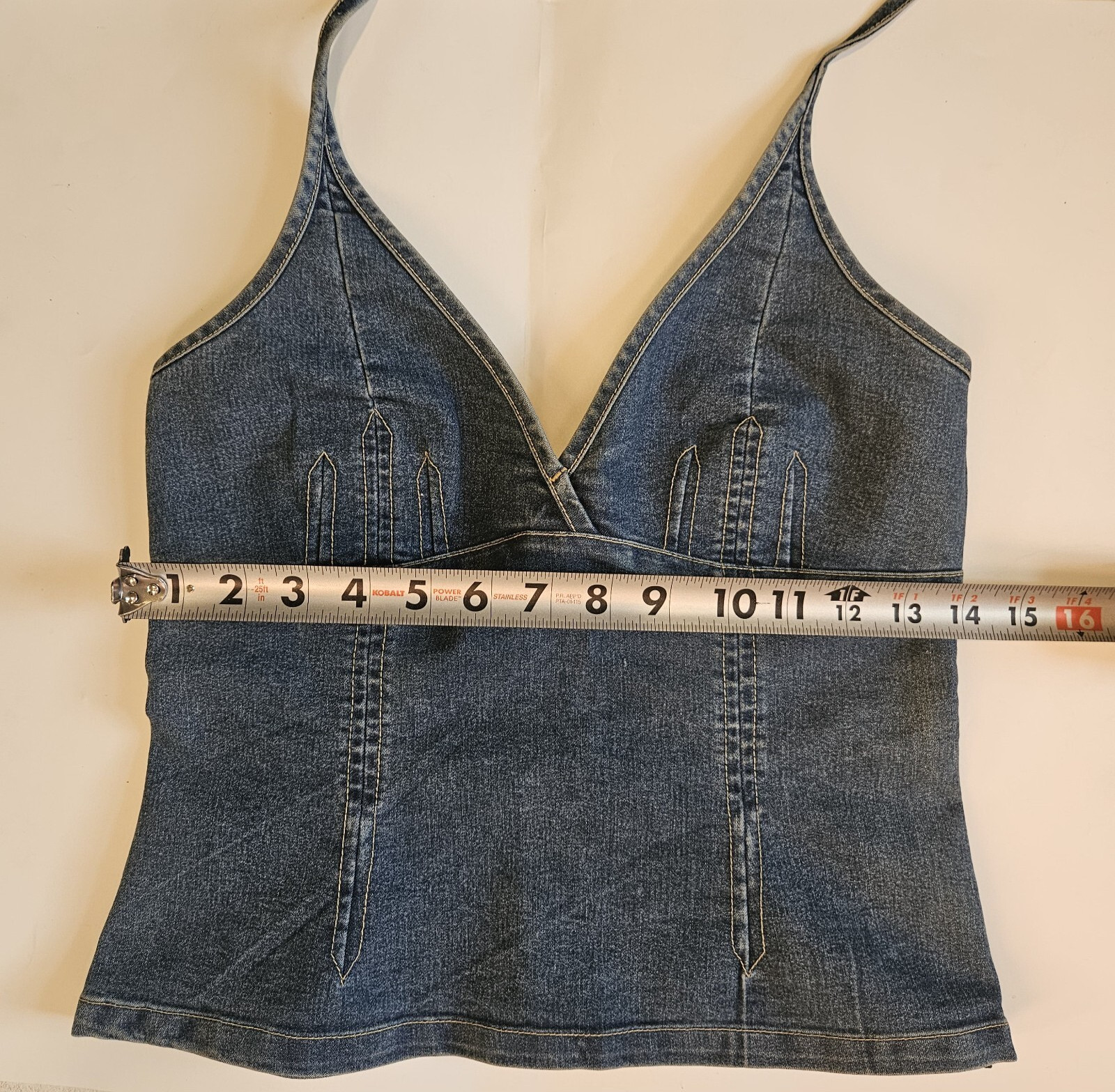 Vintage Y2K Denim Halter Top Side Brass Zipper European Size 38 Boho Western
