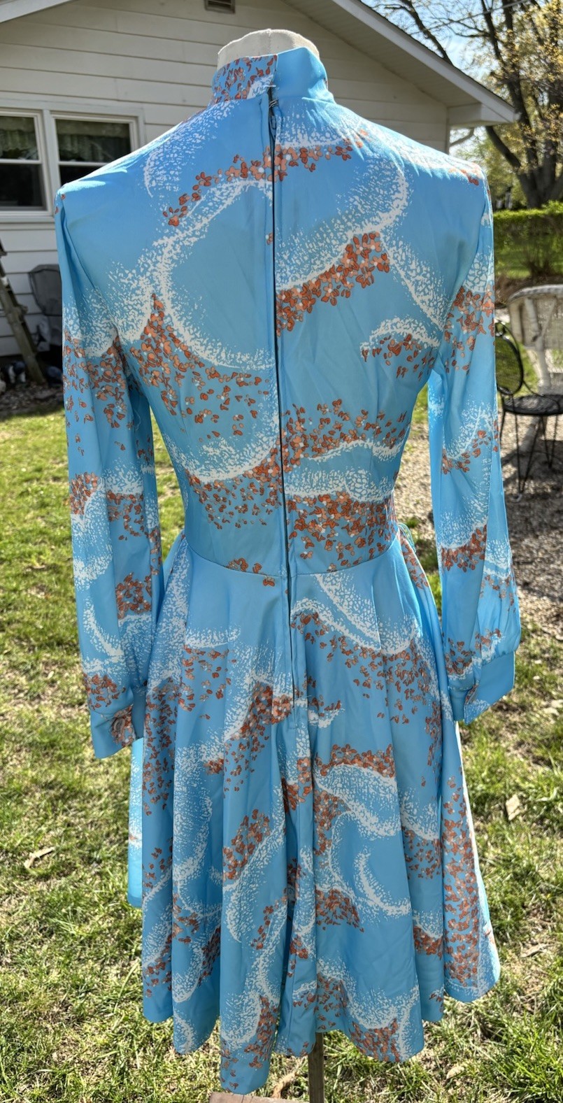 VTG 1970s Secretary Dress Pussy Cat Bow Fit Flair Midi Sz S B32 W26 Blue Orange