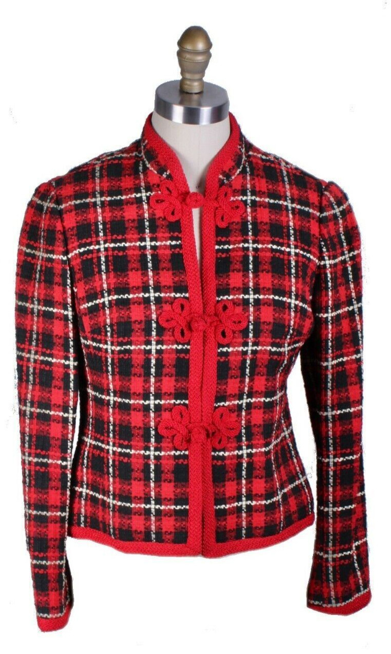 VTG 1940s Red Black Plaid Blazer Jacket Braided Trim Frog Closure Tweed Sz M