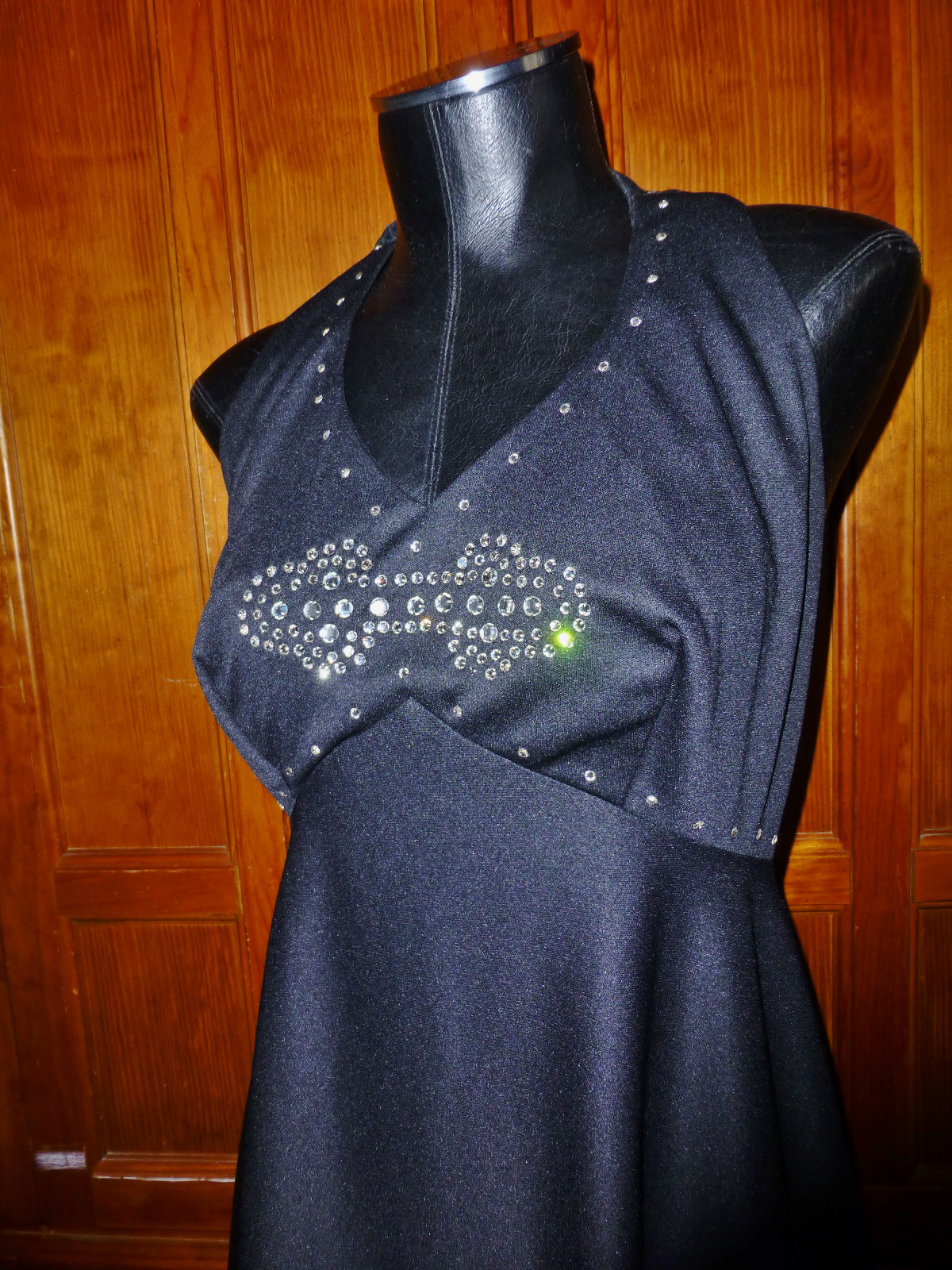 Vtg 70s Black Jersey Knit Rhinestones Boho Empire Disco Evening Maxi DRESS GOWN
