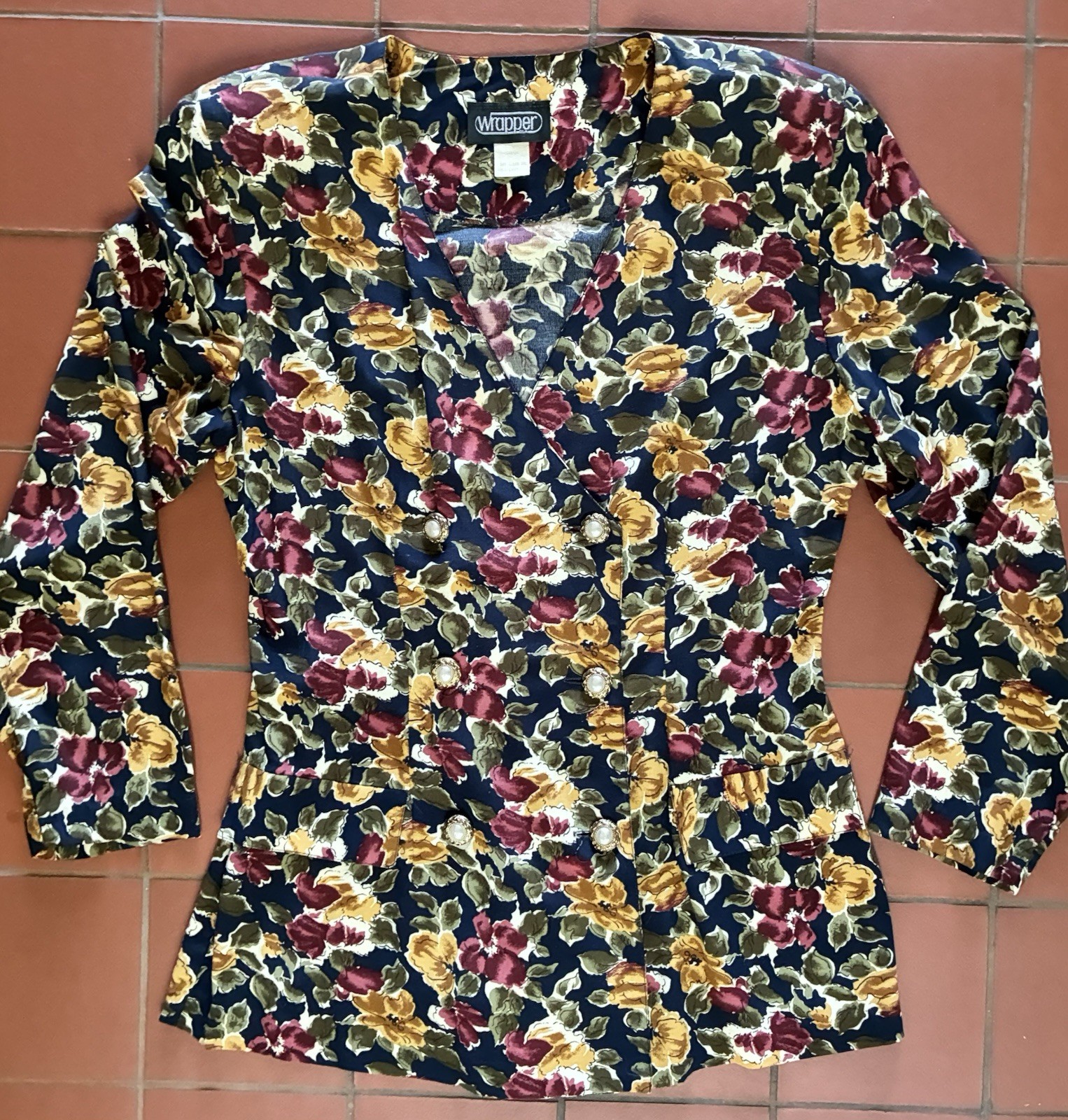 Vintage 90s Wrapper Rayon Navy Floral Double Breasted Jacket Blazer USA Made M