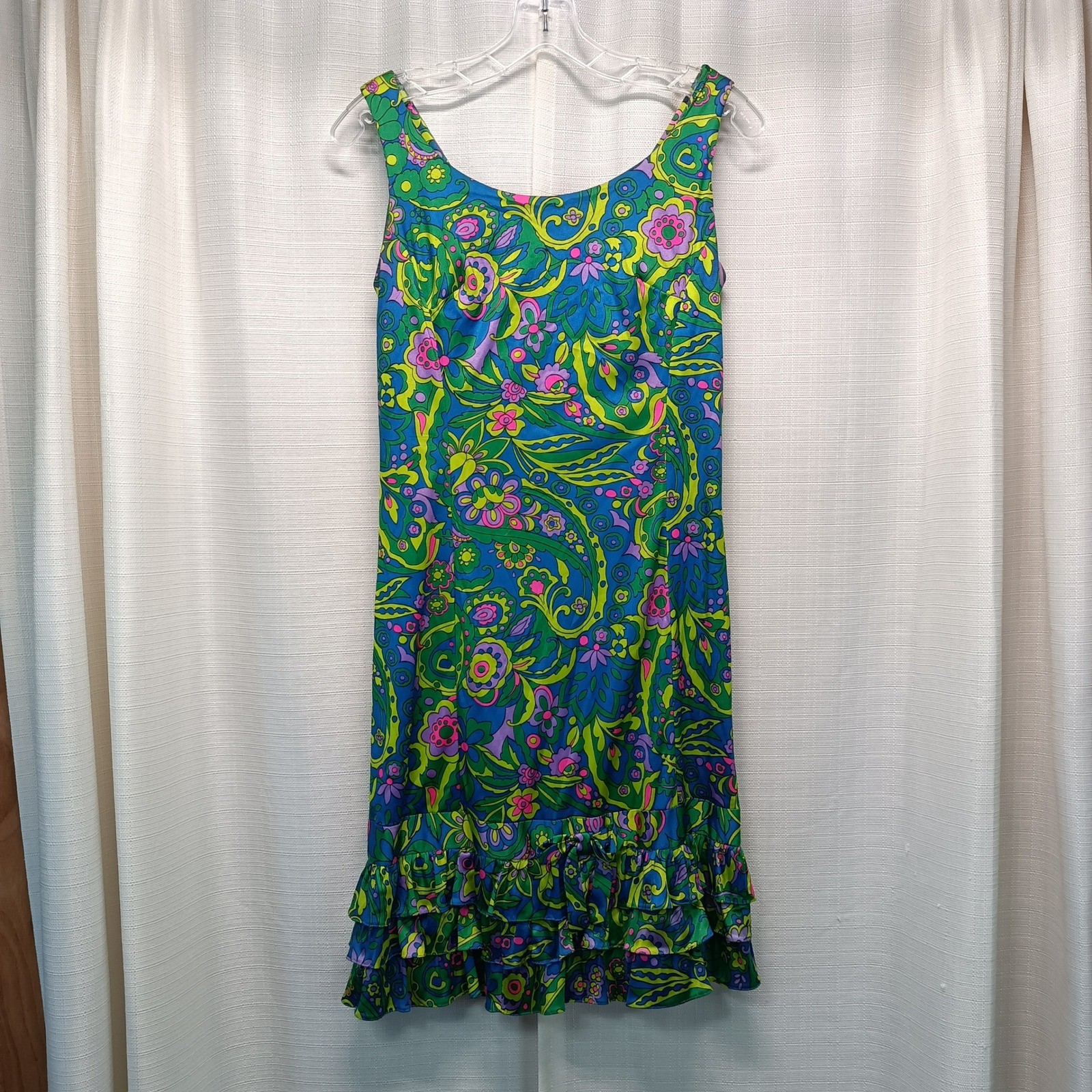 Vtg Serbin of Florida Muriel Ryan Psychedelic Floral Ruffle Hem Dress Womens S