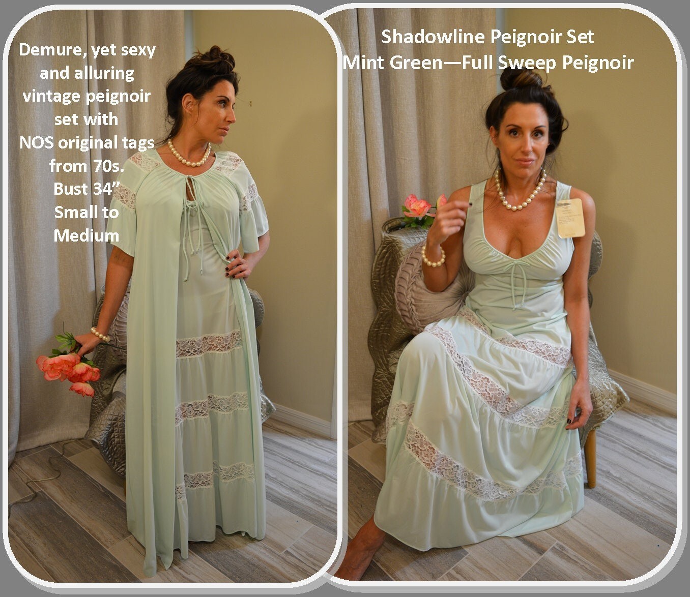 UNWORN Shadowline Mint Green Peignoir Set, Robe, Nightgown, White Lace, Full Swe