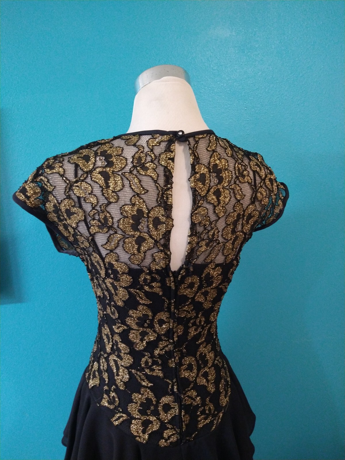 VINTAGE Tiered Party Dress Sheer Gold and Black Lace Floral Late Edition Ltd.